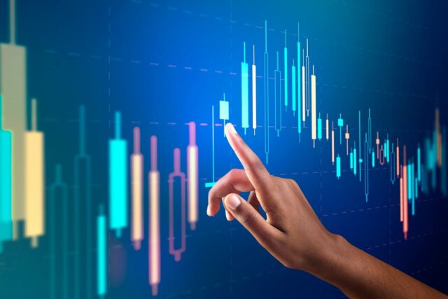 stock market chart virtual screen with woman s hand digital remix 53876 124663