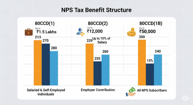 Infographic explaining tax deductions under various sections of the Income Tax Act for NPS
