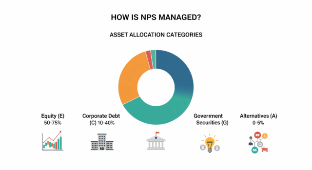 Icons showing NPS investment categories like equity, corporate debt, and government securities