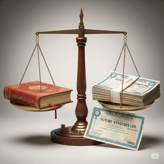 Bhagavad-Gita-and-stock-investments-balanced-on-scales-symbolising-ethics-and-profit in-investing