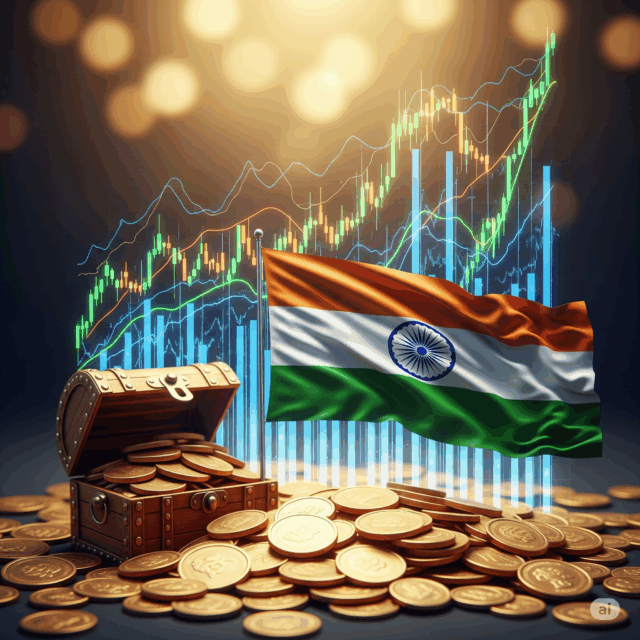 Gold-coins,-stock-graphs,-and-Indian-flag-in-a-creative-composition