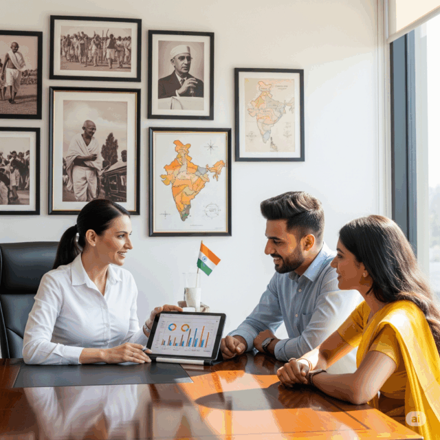 Professional-financial advisor- guiding-a-couple-with-charts and-Indian-Independence-visuals