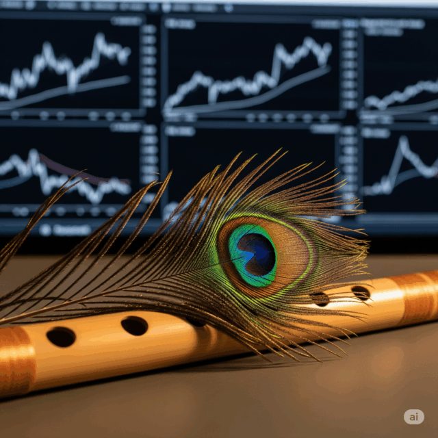 Krishna’s-flute-and-peacock-feather-placed-over-rising stock-market-charts-symbolizing-harmony-and-growth.