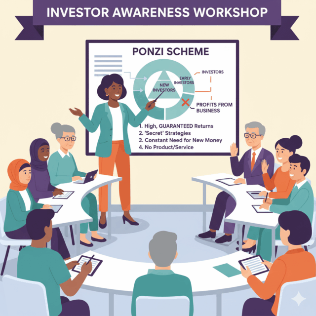 Illustration of an investor awareness workshop showing a presenter explaining Ponzi scheme signs to a group.