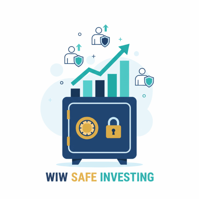 Illustration representing safe investing with a locked safe, growth chart, and investor icons in WIW colors